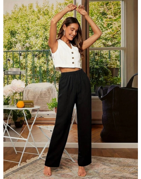 Kadın Beli Lastikli Bol Düz Paça Bürümcük Pantolon