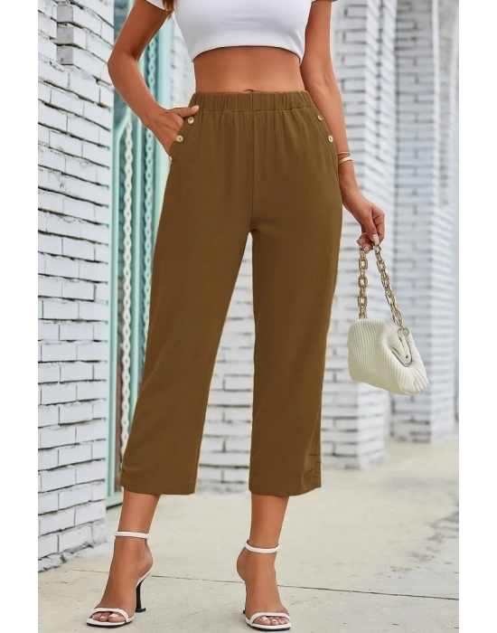 Kadın Beli Lastikli Düğme Ve Cep Detaylı Kapri Ithal Keten Pantolon