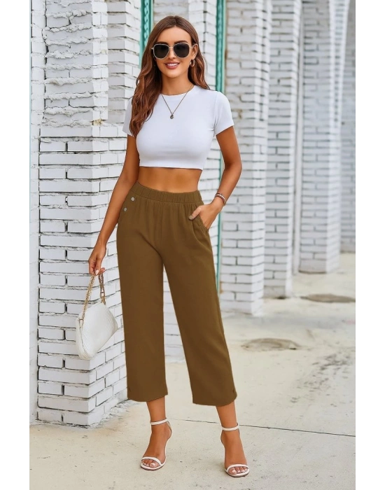 Kadın Beli Lastikli Düğme Ve Cep Detaylı Kapri Ithal Keten Pantolon