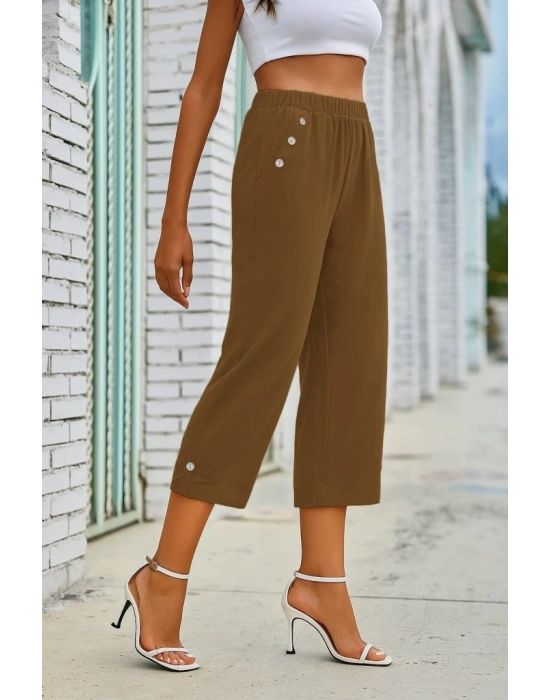 Kadın Beli Lastikli Düğme Ve Cep Detaylı Kapri Ithal Keten Pantolon