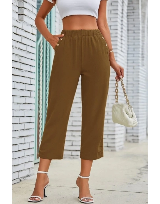 Kadın Beli Lastikli Düğme Ve Cep Detaylı Kapri Ithal Keten Pantolon
