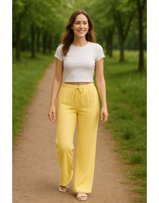 Kadın Beli Lastikli Pol Paça Pantolon