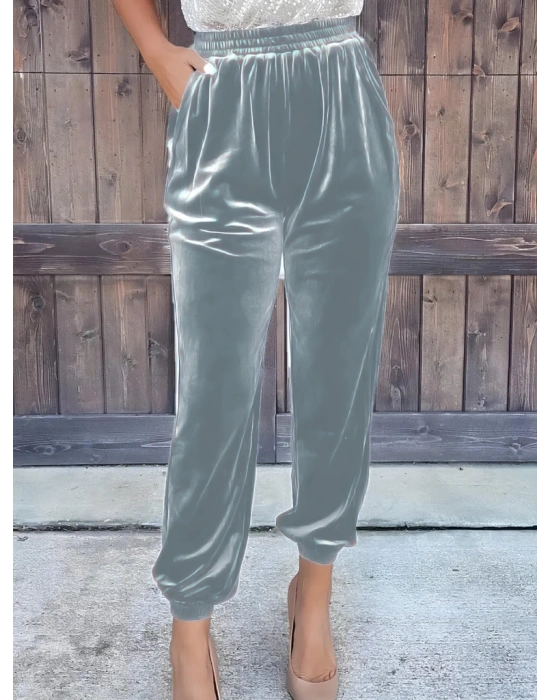 Kadın Beli Lastikli Yüksek Bel Cep Detay Kadife Pantolon