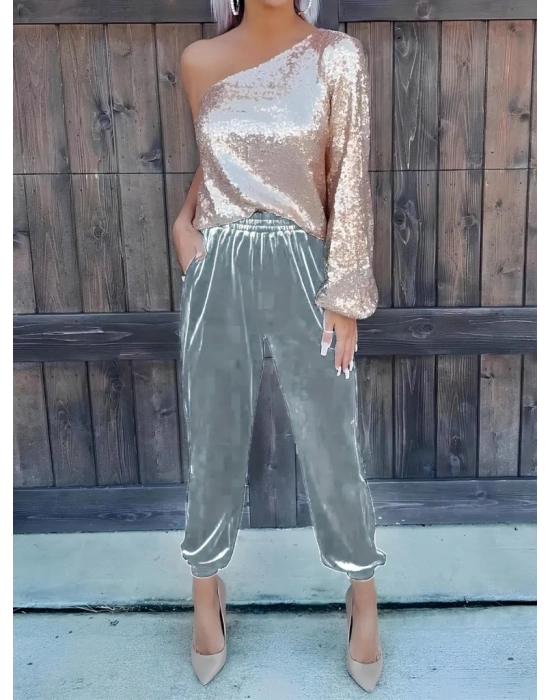 Kadın Beli Lastikli Yüksek Bel Cep Detay Kadife Pantolon