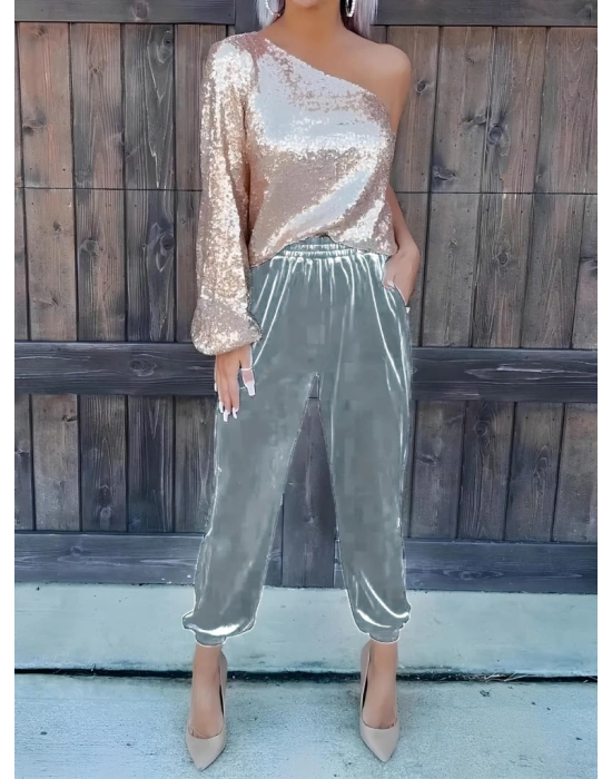 Kadın Beli Lastikli Yüksek Bel Cep Detay Kadife Pantolon