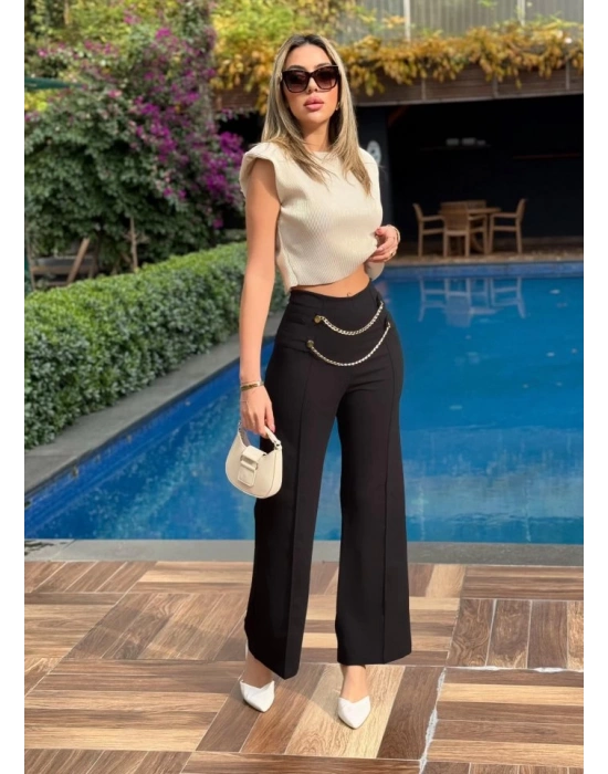 Kadın Beli Zincir Detay Ithal Krep Pantolon