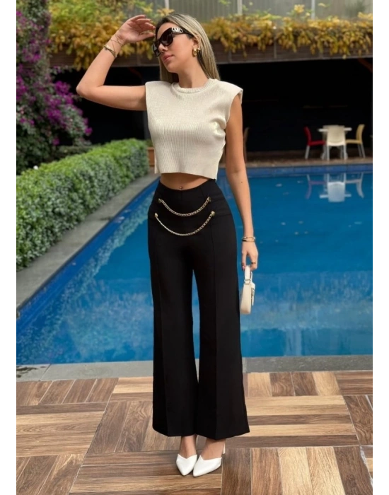 Kadın Beli Zincir Detay Ithal Krep Pantolon