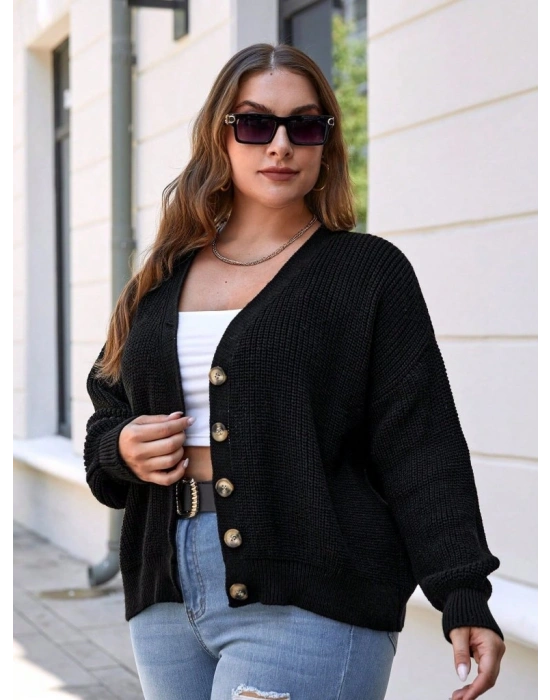 Kadın Beş Düğme Detay Büyük Beden Triko Hırka