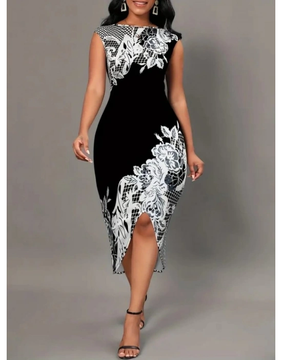 Kadın Beyaz Çiçek Desen Kayık Yaka Yırtmaç Detaylı Dalgıç Elbise