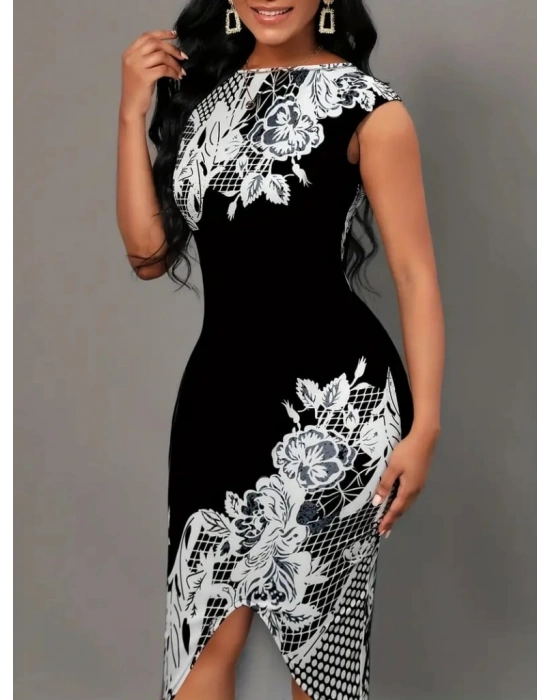 Kadın Beyaz Çiçek Desen Kayık Yaka Yırtmaç Detaylı Dalgıç Elbise