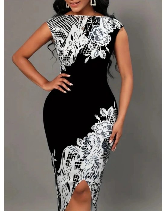 Kadın Beyaz Çiçek Desen Kayık Yaka Yırtmaç Detaylı Dalgıç Elbise