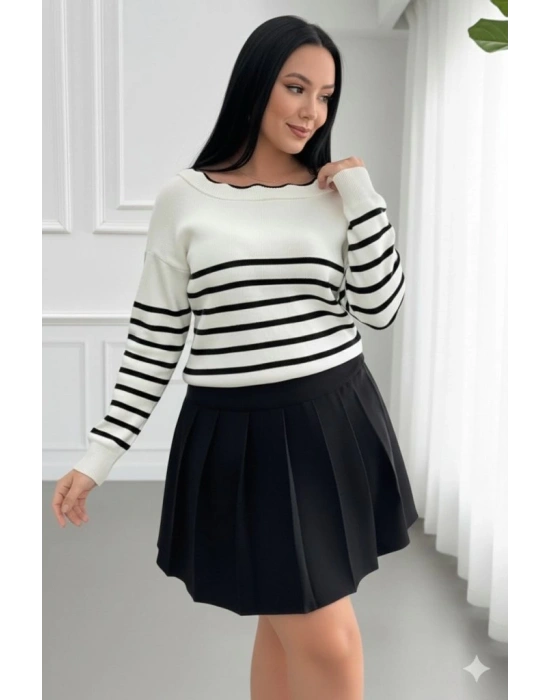 Kadın Beyaz Sırt Bağlama Detaylı çizgi Desen Triko Bluz