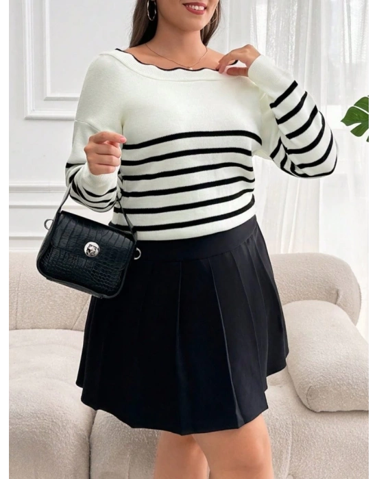 Kadın Beyaz Sırt Bağlama Detaylı çizgi Desen Triko Bluz