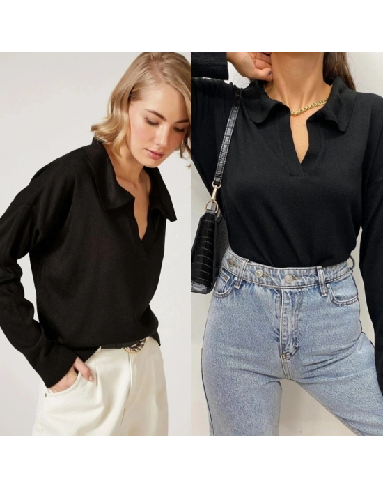 Kadın Beyaz Uzun Kollu Yakalı Triko Bluz