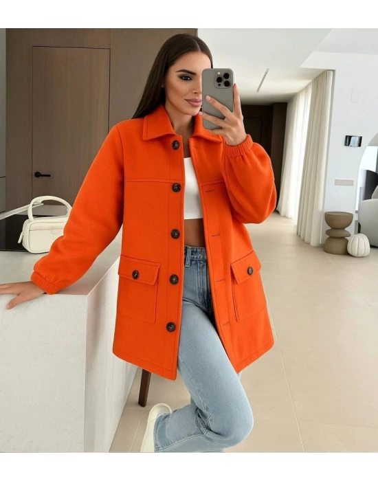 Kadın Bileği astikli Cep Ve eopar Düğme Detay Kaşe Kaban