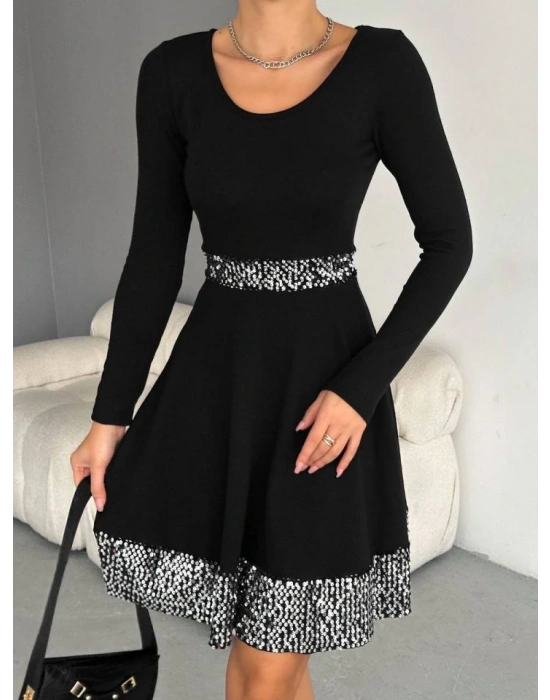 Kadın Bisiklet Yaka Beli Ve Eteği Pul Payet Detay Fırsat ürün Diz üstü Elbise