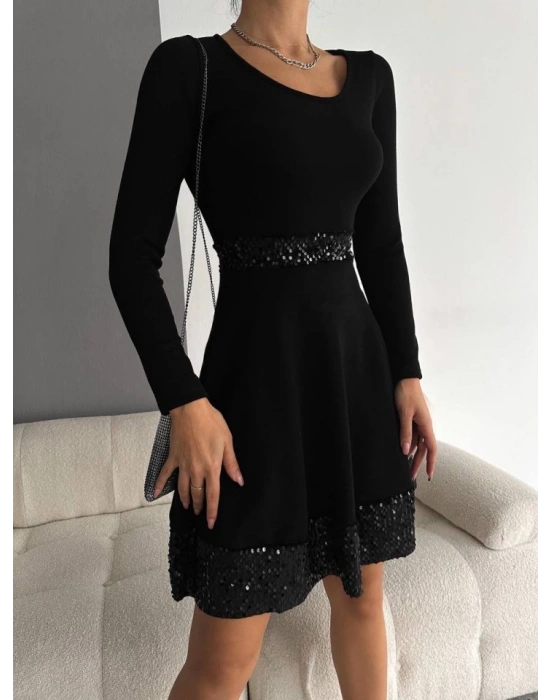 Kadın Bisiklet Yaka Beli Ve Eteği Pul Payet Detay Fırsat ürün Diz üstü Elbise