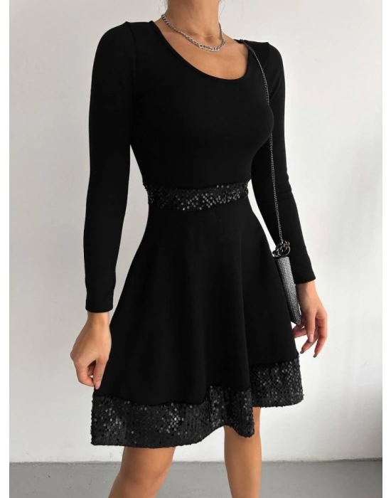 Kadın Bisiklet Yaka Beli Ve Eteği Pul Payet Detay Fırsat ürün Diz üstü Elbise