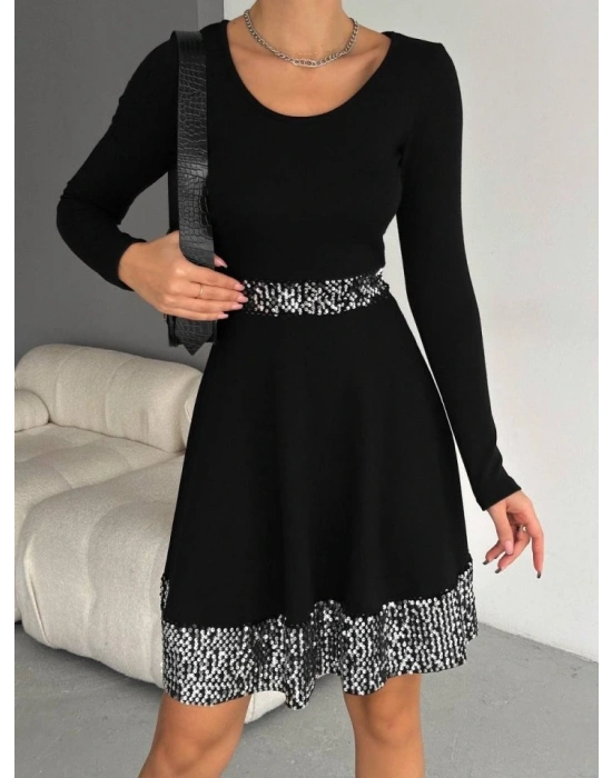 Kadın Bisiklet Yaka Beli Ve Eteği Pul Payet Detay Fırsat ürün Diz üstü Elbise