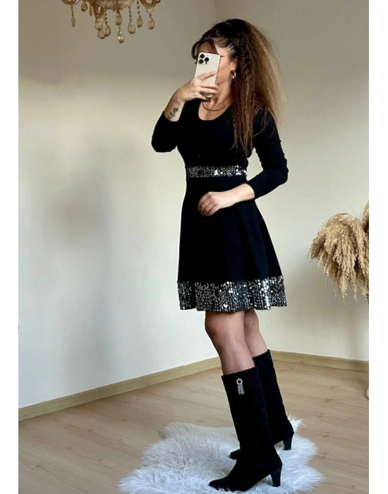 Kadın Bisiklet Yaka Beli Ve Eteği Pul Payet Detay Fırsat ürün Diz üstü Elbise