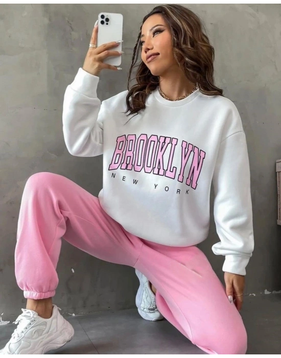 Kadın Bisiklet Yaka Brooklyn Baskılı üç Iplik Kumaş Sweat