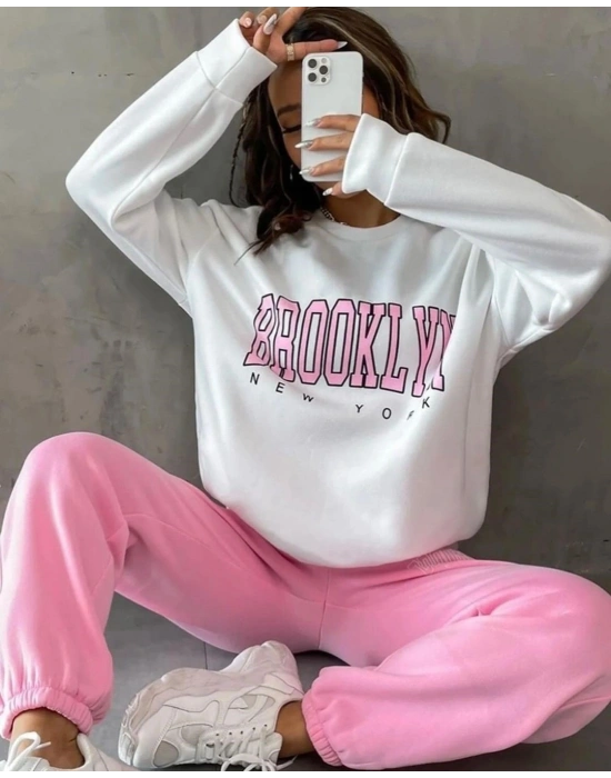 Kadın Bisiklet Yaka Brooklyn Baskılı üç Iplik Kumaş Sweat
