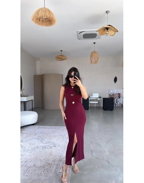 Kadın Bisiklet Yaka Broş Detay Yırtmaçlı Maxi Boy Ottoman Elbise