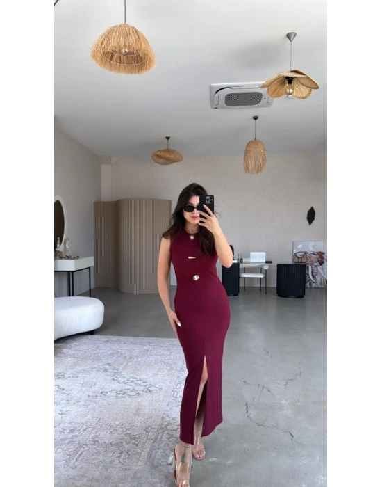 Kadın Bisiklet Yaka Broş Detay Yırtmaçlı Maxi Boy Ottoman Elbise