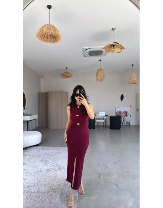 Kadın Bisiklet Yaka Broş Detay Yırtmaçlı Maxi Boy Ottoman Elbise