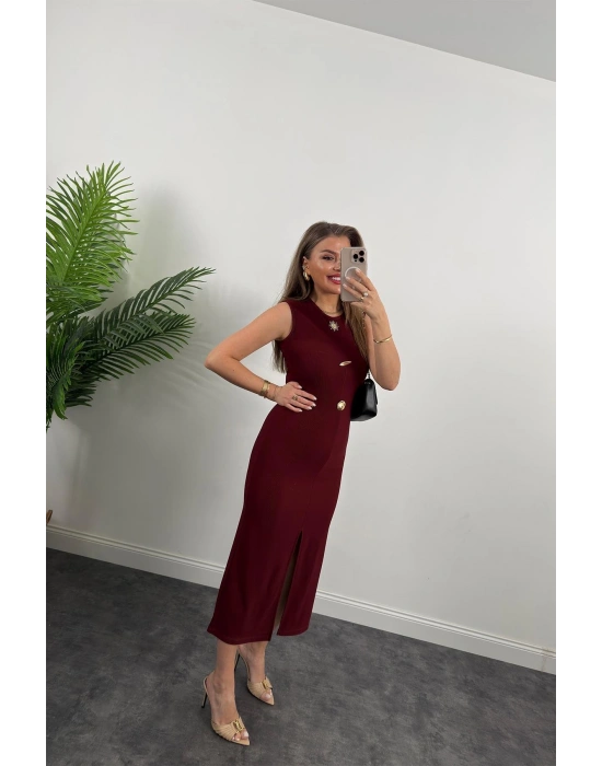 Kadın Bisiklet Yaka Broş Detay Yırtmaçlı Maxi Boy Ottoman Elbise