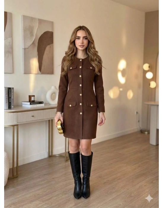 Kadın Bisiklet Yaka Cep Ve Gold Düğme Detay Double Kumaş ini Elbise