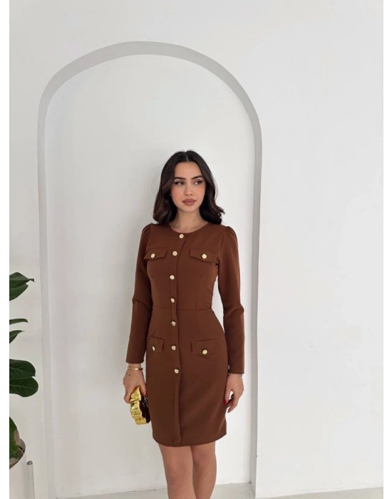 Kadın Bisiklet Yaka Cep Ve Gold Düğme Detay Double Kumaş ini Elbise