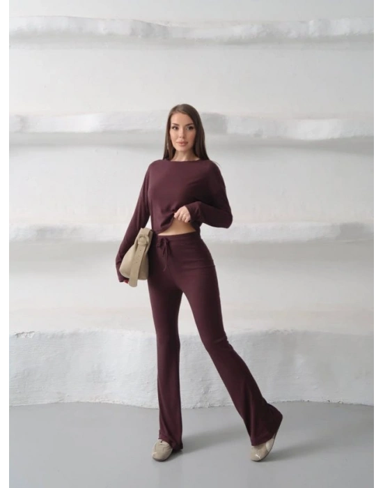 Kadın Bisiklet Yaka Crop Ve Ispanyol Paça Pantolon Ikili Takım