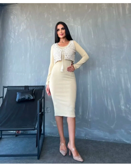 Kadın Bisiklet Yaka Midi Boy Elbise Ve Dantel Güpür Detay Yelek Fırsat ürün Ikili Takım