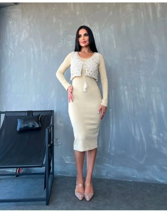 Kadın Bisiklet Yaka Midi Boy Elbise Ve Dantel Güpür Detay Yelek Fırsat ürün Ikili Takım