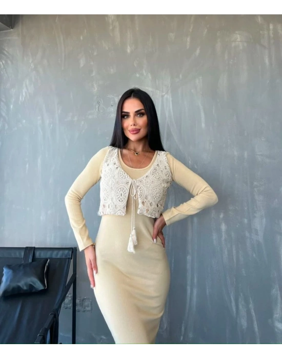 Kadın Bisiklet Yaka Midi Boy Elbise Ve Dantel Güpür Detay Yelek Fırsat ürün Ikili Takım