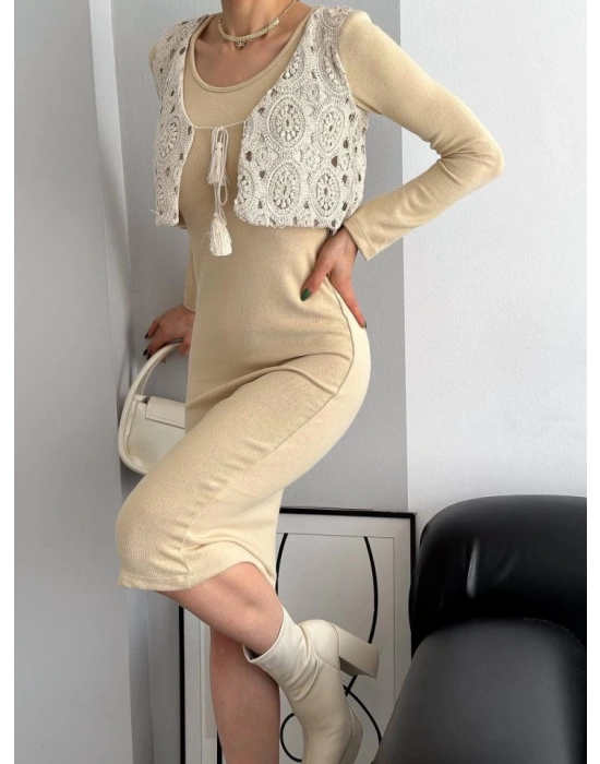 Kadın Bisiklet Yaka Midi Boy Elbise Ve Dantel Güpür Detay Yelek Fırsat ürün Ikili Takım