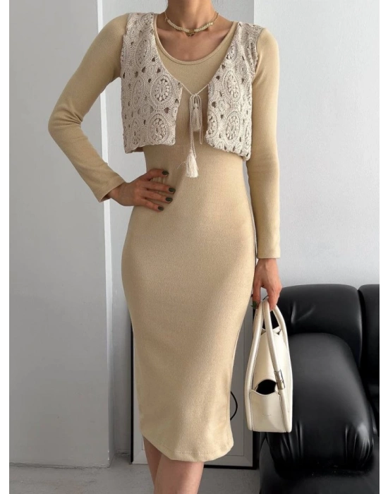 Kadın Bisiklet Yaka Midi Boy Elbise Ve Dantel Güpür Detay Yelek Fırsat ürün Ikili Takım