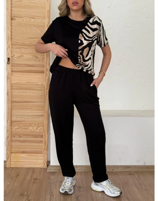 Kadın Bisiklet Yaka Kısa Kol Leopar Desen Bluz Ve Pantolon Ikili Takım