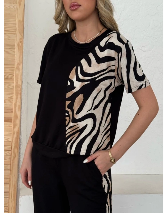 Kadın Bisiklet Yaka Kısa Kol Leopar Desen Bluz Ve Pantolon Ikili Takım