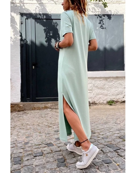 Kadın Bisiklet Yaka Kısa Kollu Derin Yırtmaç Detaylı Maxi Boy Elbise