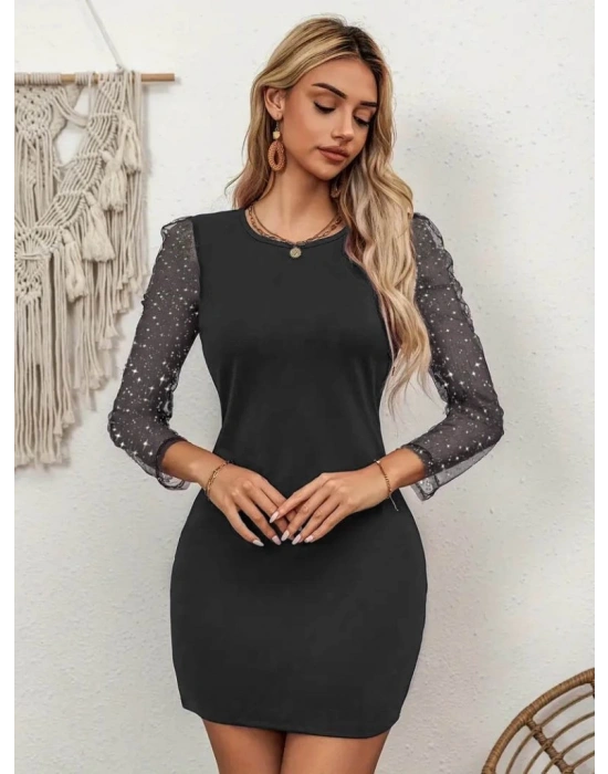 Kadın Bisiklet Yaka Kol Tül Detay Dalgıç Mini Boy Elbise