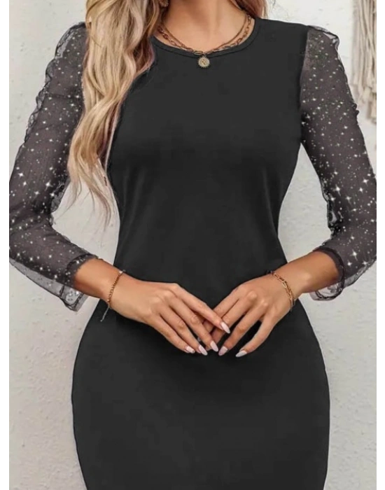 Kadın Bisiklet Yaka Kol Tül Detay Dalgıç Mini Boy Elbise