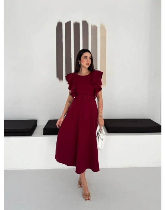 Kadın Bisiklet Yaka Kollar Fırfırlı Kemer Dahil Double Kumaş Midiboy Elbise