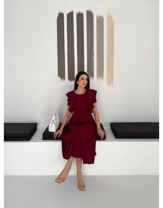 Kadın Bisiklet Yaka Kollar Fırfırlı Kemer Dahil Double Kumaş Midiboy Elbise