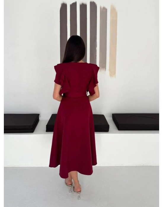 Kadın Bisiklet Yaka Kollar Fırfırlı Kemer Dahil Double Kumaş Midiboy Elbise