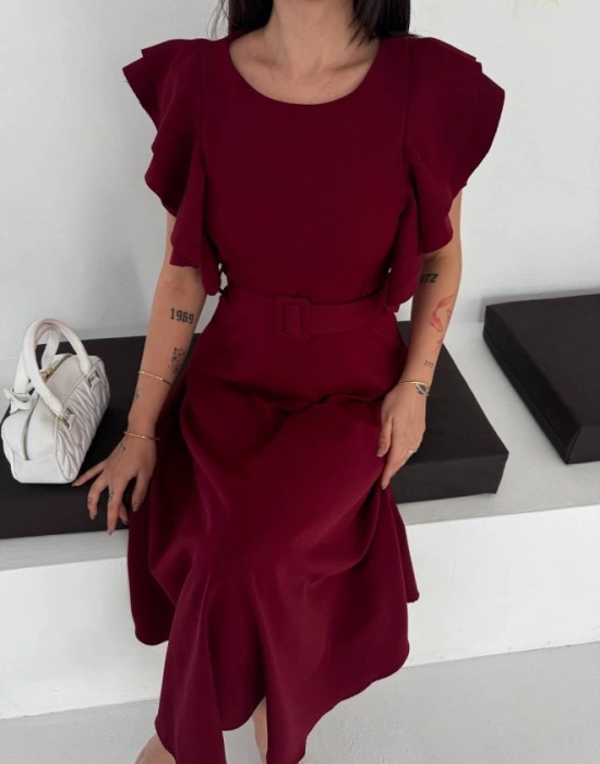 Kadın Bisiklet Yaka Kollar Fırfırlı Kemer Dahil Double Kumaş Midiboy Elbise