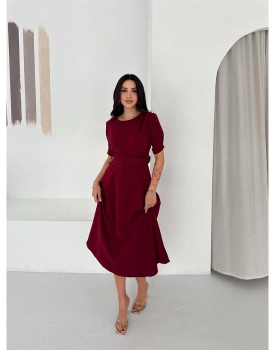 Kadın Bisiklet Yaka Kollar Fırfırlı Kemer Dahil Double Kumaş Midiboy Elbise