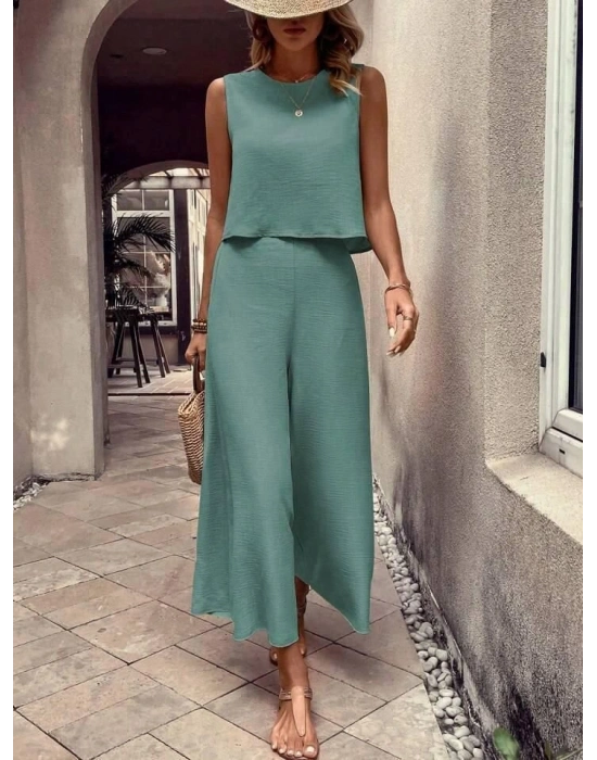 Kadın Bisiklet Yaka Kolsuz Bluz Ve Bol Paça Aerobin Kumaş Ikili Takım