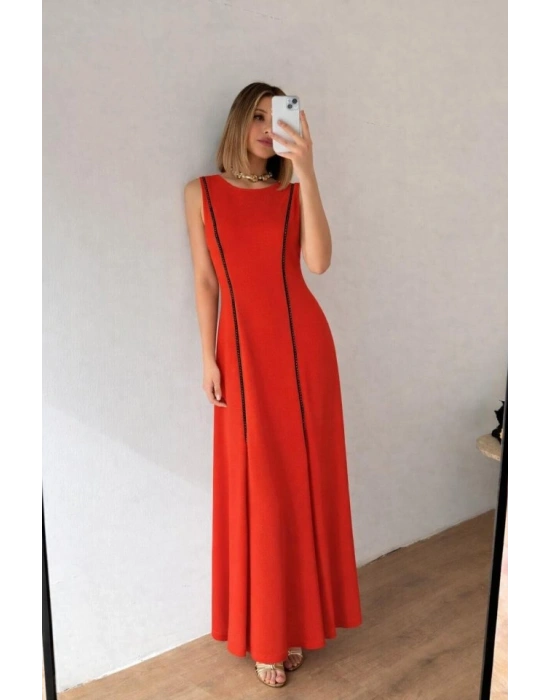 Kadın Bisiklet Yaka Kolsuz şerit Ve Plise Detay axi Boy Elbise